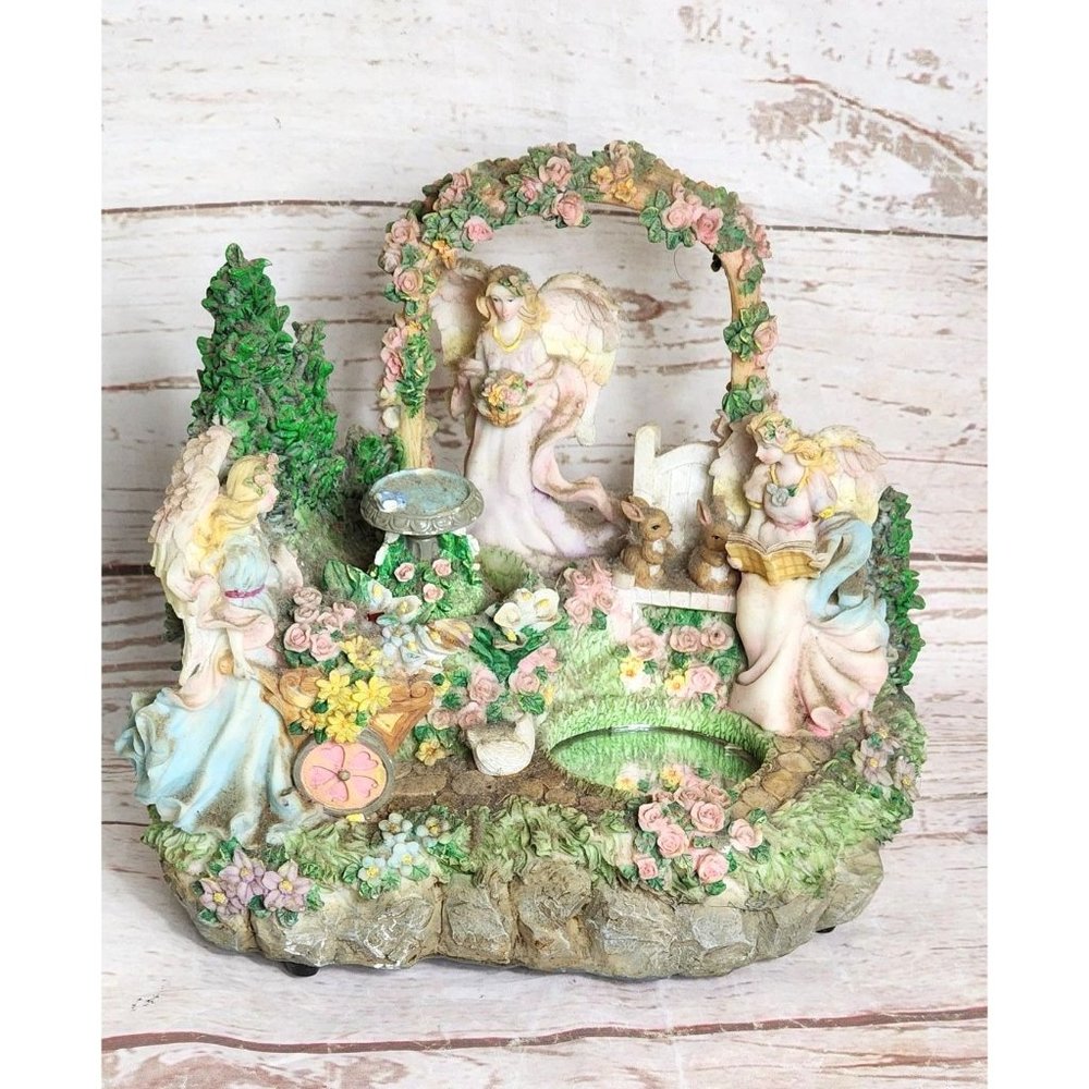 Rare Vintage Tune Swan Lake Resin Angels in the Garden Centerpiece Music Statue